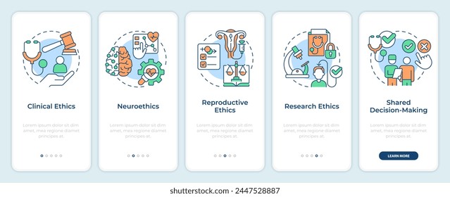 Specific areas within bioethics onboarding mobile app screen. Walkthrough 5 steps editable graphic instructions with linear concepts. UI, UX, GUI template. Montserrat SemiBold, Regular fonts used