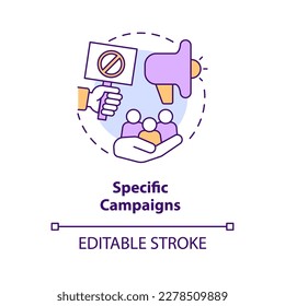 Specific campaigns concept icon. Social issues solving. Form of advocacy abstract idea thin line illustration. Isolated outline drawing. Editable stroke. Arial, Myriad Pro-Bold fonts used