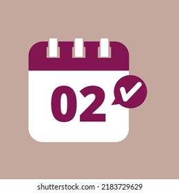 Specific day calendar flat icon in purple color isolated on pastel background, appointment scheduling vector illustration marking day 02.