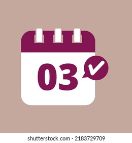 Specific day calendar flat icon in purple color isolated on pastel background, appointment scheduling vector illustration marking day 03.