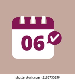 Specific day calendar flat icon in purple color isolated on pastel background, appointment scheduling vector illustration marking day 06.