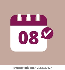 Icono plano de calendario de día específico en color púrpura aislado en fondo pastel, cita programación de ilustración vectorial marcando el día 08.