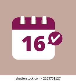 Icono plano de calendario de día específico en color púrpura aislado en fondo pastel, cita programación de ilustración vectorial marcando el día 16.