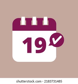 Specific day calendar flat icon in purple color isolated on pastel background, appointment scheduling vector illustration marking day 19.