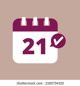 Specific day calendar flat icon in purple color isolated on pastel background, appointment scheduling vector illustration marking day 21.