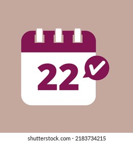 Specific day calendar flat icon in purple color isolated on pastel background, appointment scheduling vector illustration marking day 22.