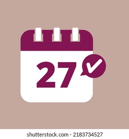 Specific day calendar flat icon in purple color isolated on pastel background, appointment scheduling vector illustration marking day 27.