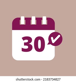 Spezielles Tageskalender flach Symbol in violetter Farbe einzeln auf pastellfarbenem Hintergrund, Terminplanung der Vektorgrafik Markierung Tag 30.