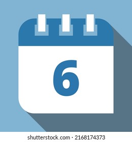 Specific day vector calendar marking day 6, appointment schedule vector icon for websites, print and stickers. Editable in blue and white colors, scheduled day.
