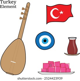 Specific element of Turkey. Turkey Flag, Saz, Narza, Çay, Turkish Delight.