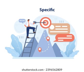 Specific goal pursuit. Businessman aims at target, emphasizing clarity in objectives. Communicating precise tasks. Ladder to success, focus on precision. Flat vector illustration