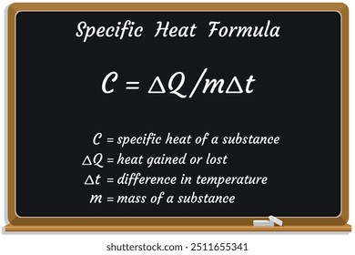 Specific Heat Formula on a black chalkboard. Education. Science. Formula. Vector illustration.