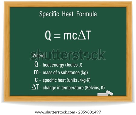 Specific Heat Formula on a green chalkboard. Education. Science. Formula. Vector illustration.
