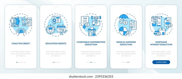 Specific tax benefits blue onboarding mobile app screen. Tax policies walkthrough 5 steps editable graphic instructions with linear concepts. UI, UX, GUI template