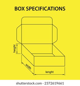 especificaciones de la forma y el tamaño de la caja para el embalaje con flechas para la longitud, anchura y altura del modelo 5 caja