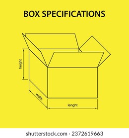 specifications of the shape and size of the box for packaging with arrows for length, width and height on model one box