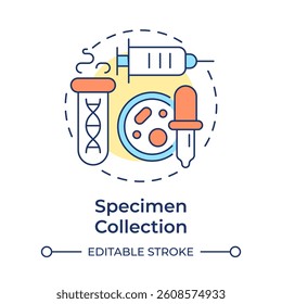 Specimen collection multi color concept icon. Obtaining biological materials from patients. Bio samples lifestyle. Round shape line illustration. Abstract idea. Graphic design. Easy to use in article