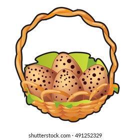 Speckled bird eggs in a wicker basket isolated on white background. Vector illustration.
