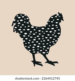 Speckled cock icon, dappled rooster vector illustration in collage style isolated on beige. Funny and cute bird, Easter design element.