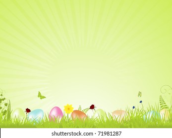 speckled easter eggs in a spring background with flowers and tranquil light rays