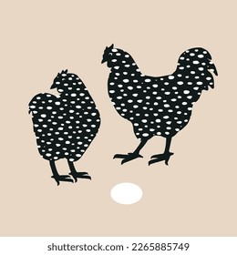 Speckled hen and cock couple, dappled chicken with funny hand drawn texture isolated on grey. Easter design element, vector illustration.