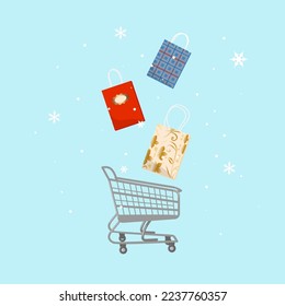 Speckled paper bags with shopping basket. Winter vector illustration.