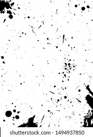 speckled paper with paint or ink drops and splashes on white background. Black and white grunge poster. Grained surface. Vector dirty placard with particles of debris.  