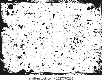 speckled paper with paint or ink drops and scratches on white background. Black and white grunge poster. Grained surface. Vector dirty placard with particles of debris.  