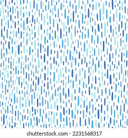 Specks, flecks, dashes, tiny stripes seamless vector pattern. Hand drawn doodle uneven strokes, water drops, rain texture. Speckled, mosaic abstract chaotic blue background. Border, frame template.