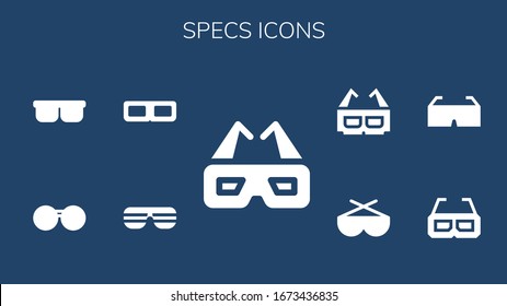 specs icon set. 9 filled specs icons. Included 3d glasses, Sunglasses icons