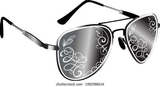 SPECS VECTOR ILLUSTRATION WITH BLACK AND WHITE GRADIENT ARTISTIC CALLIGRAPHY DESIGN. SUNGLASSES VECTOR ILLUSTRATION WITH HAND-DRAWN CREATIVE DESIGN.