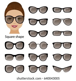 Spectacle frames shapes for square women face. Vector
