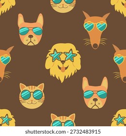Filhotes de óculos e gatos padrão sem costura com coração retro e óculos de sol estrela em animais bonitos. Vintage 70s moda fundo vetor projeto plano.