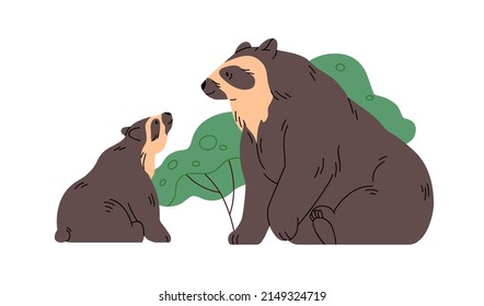 Spectacled bears mother and baby. Wild Andean bicolor animals, big and small. Tropical Jukumari family. Tremarctos ornatus, adult and cub. Flat vector illustration isolated on white background