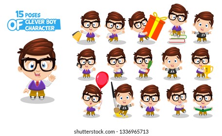 Spectacled brunette boy in uniform. Child in different poses and situations: reads, paints, speaks, shops. Full length front and three quater view. Ready to use cartoon set isolated on white.