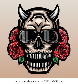 Spectacled cool devil skull with roses. Premium vector