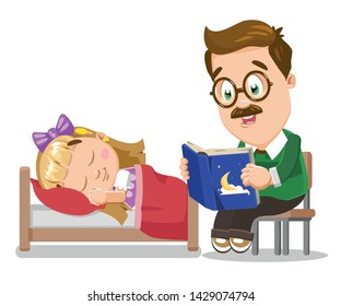 Spectacled father sitting on chair and reading a book, bedtime story, fairytale to his daughter. Little blond girl are ready to sleep in bed. Cartoon illustration isolated on white background.