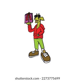 a spectacled giraffe wearing a cool jacket with a gift