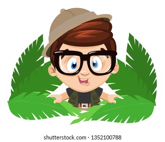 Spectacled little boy scout in safari outfits emerge from behind big tropic leaves. Young naturalist, biologist, discoverer. Cartoon stock vector illustration isolated on white background.