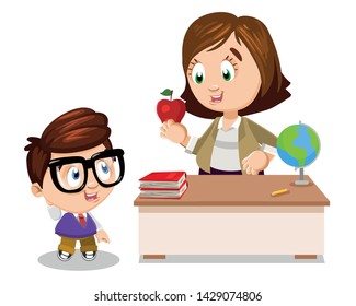 Spectacled schoolboy presenting red apple to favorite teacher. Botany or biology lesson at school. Positive psychological climate in classroom. Vector cartoon clip art isolated on white background.