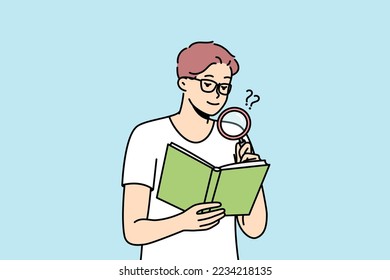 Spectacled young man reading book, studying using magnifying glass. Guy with poor eyesight is trying to view small text in coursebook with loupe. Boy with magnifier. Vector minimalistic modern design.