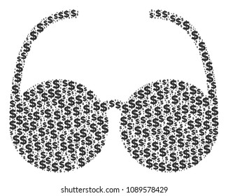 Spectacles collage of dollars and round spots. Vector dollar currency icons are arranged into spectacles composition.