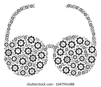 Spectacles collage of tooth gears. Vector gear symbols are organized into spectacles figure.