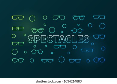 Spectacles colorful horizontal linear illustration. Vector modern banner made with glasses and eyeglasses outline icons on dark background