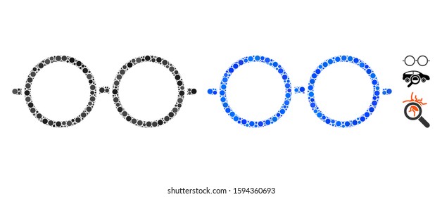 Spectacles composition of filled circles in variable sizes and color tints, based on spectacles icon. Vector filled circles are combined into blue mosaic.