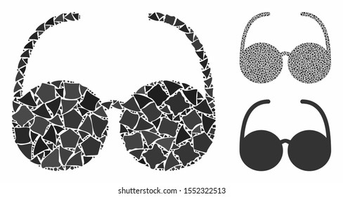 Spectacles composition of rough items in different sizes and color tones, based on spectacles icon. Vector tremulant items are combined into composition. Spectacles icons collage with dotted pattern.