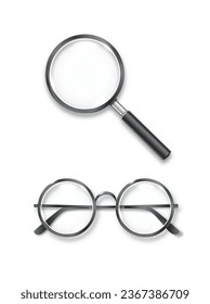 Spektakel und Magnifier eines Detektivs, Anpassungen für die otische Untersuchung von Verbrechen. Lens optics Vintage Modebrille. Vektorgrafik