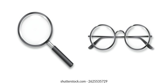Óculos e Lupa de um detetive, adaptações para investigações óticas de crimes. Óptica de lente óculos de moda vintage. Vetor