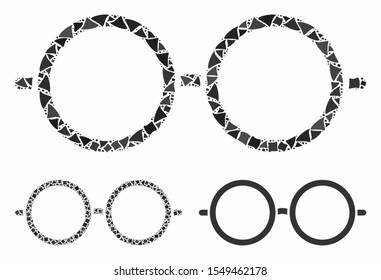 Spectacles mosaic of bumpy items in variable sizes and color tones, based on spectacles icon. Vector bumpy dots are organized into mosaic. Spectacles icons collage with dotted pattern.
