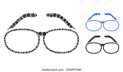 Spectacles mosaic of round dots in different sizes and color tones, based on spectacles icon. Vector round dots are united into blue mosaic. Dotted spectacles icon in usual and blue versions.